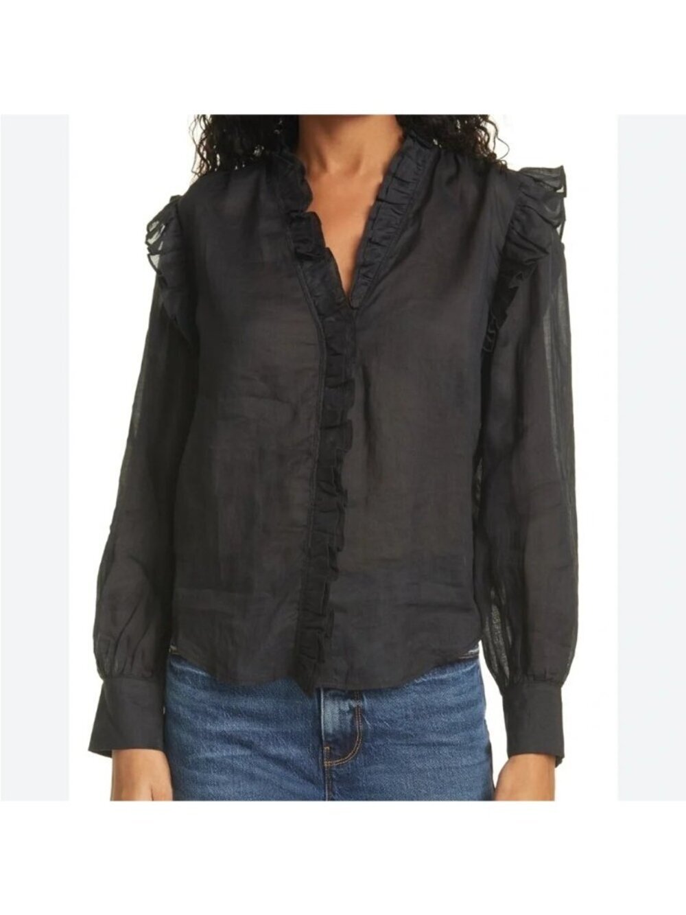 Frame Womens Lauren Button Down Blouse Black Size M Ruffle Long Sleeve Casual